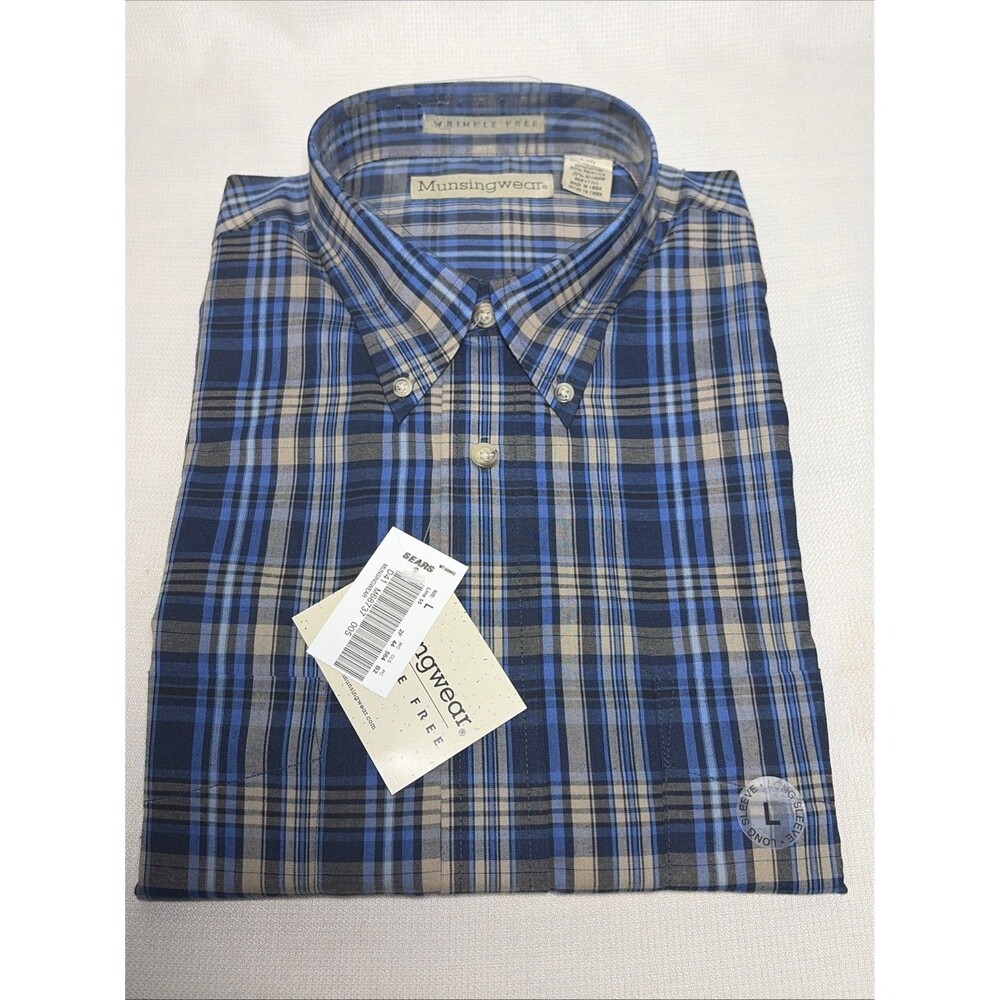 NWT MunsingWear Wrinkle Free Shirt Sz Large BluePlaid Button Down Long Sleeve